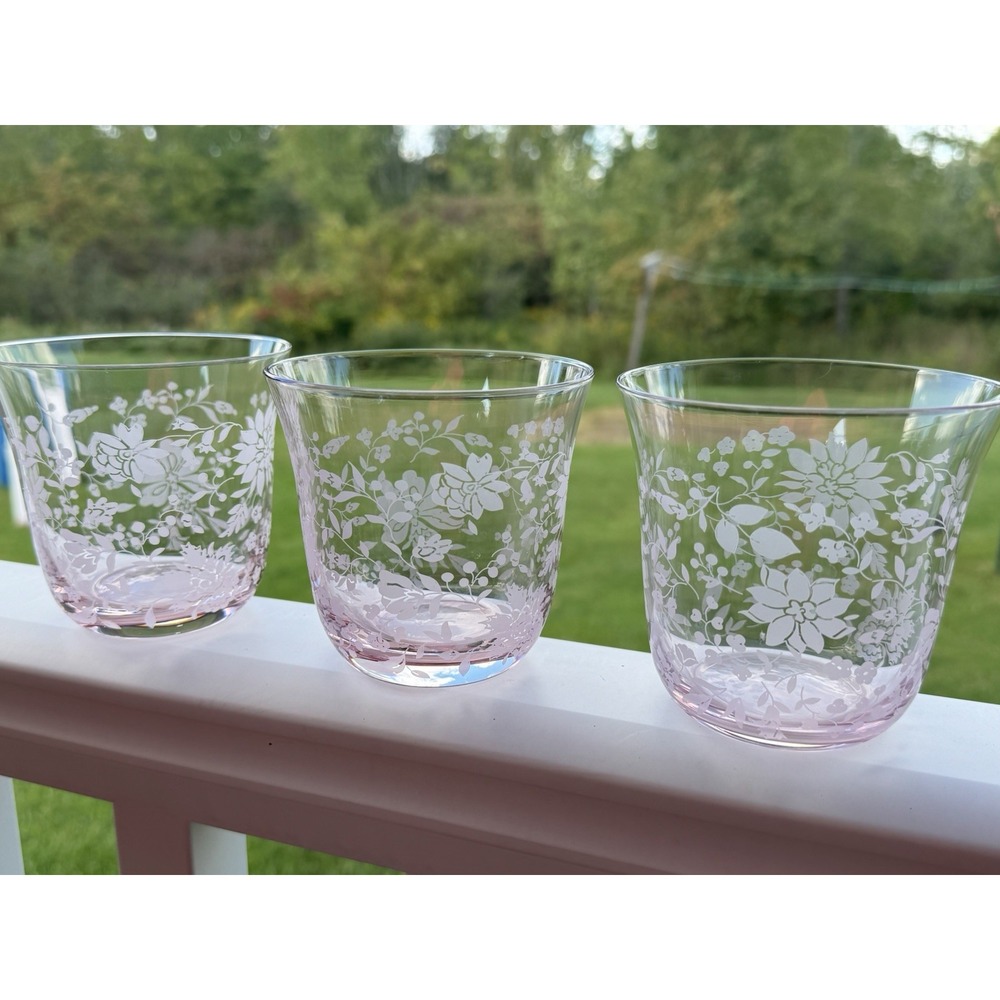 3 Anthropologie Mae Pink Stemless Wine Glasses Retired EUC!  Floral